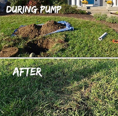 View of yard before and after pumping. Lawn looks completely restored.