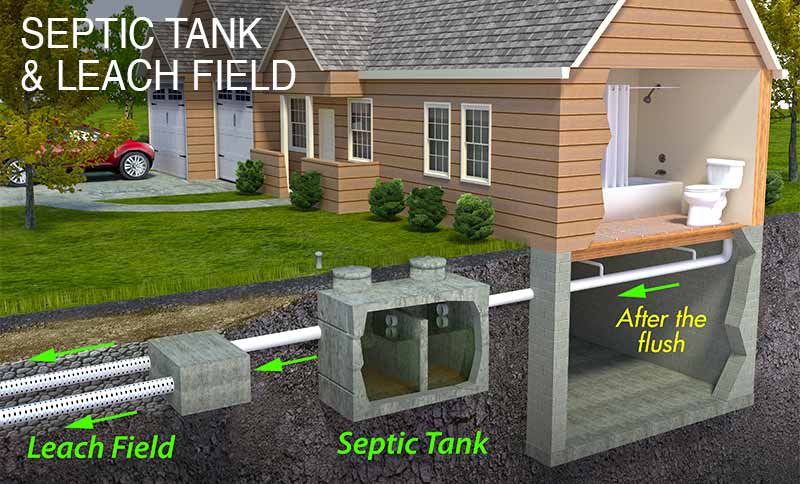 Septic system with tank and leach field